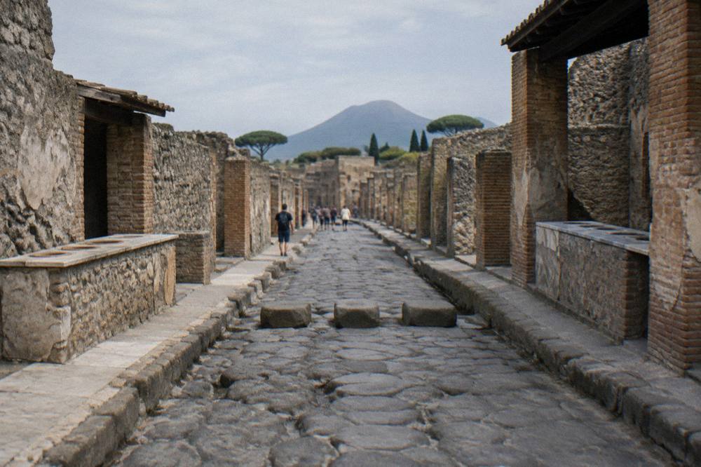 The rim of the Vesuvius crater with dark volcanic rock and a distant path