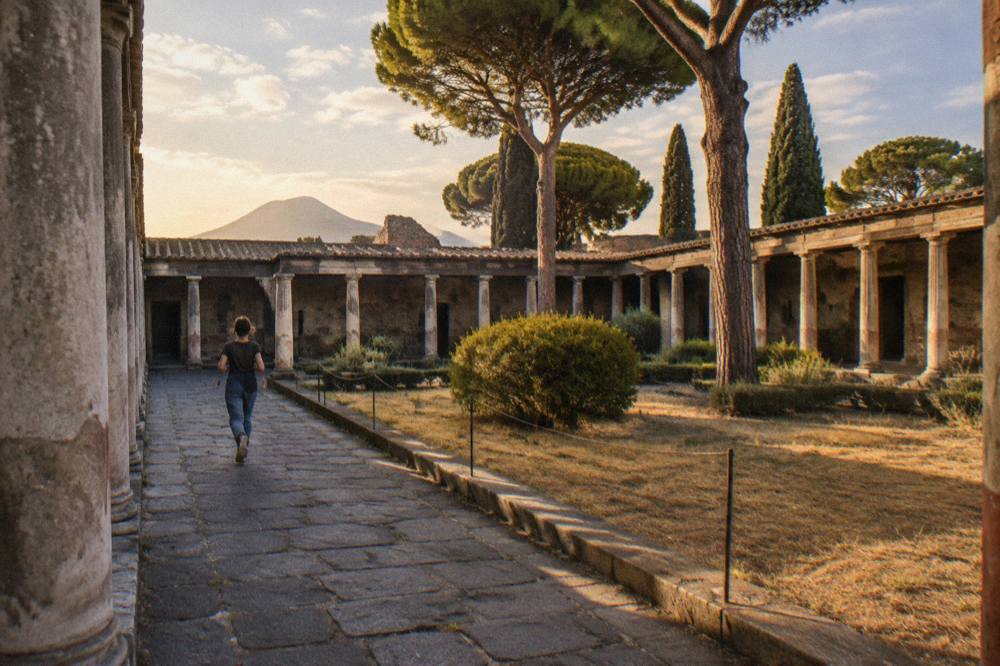 Ruined walls of Pompeii with the profile of Mount Vesuvius on the horizon