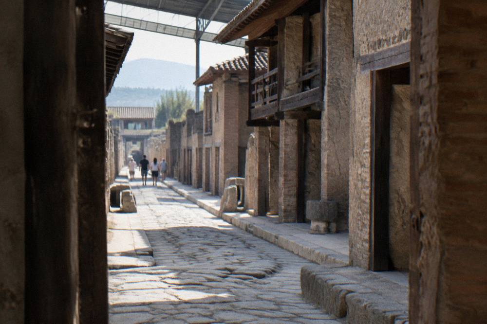 Group of visitors following a guide along a wide ancient Roman street lined with columns