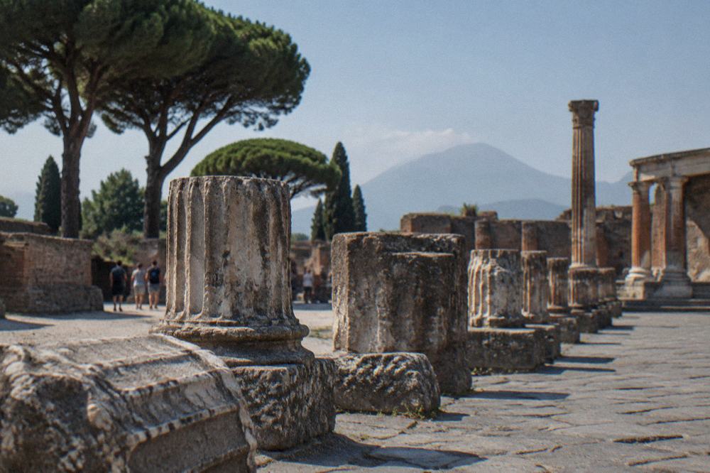 The amphitheatre of Pompeii with its elliptical seating arcades empty of visitors