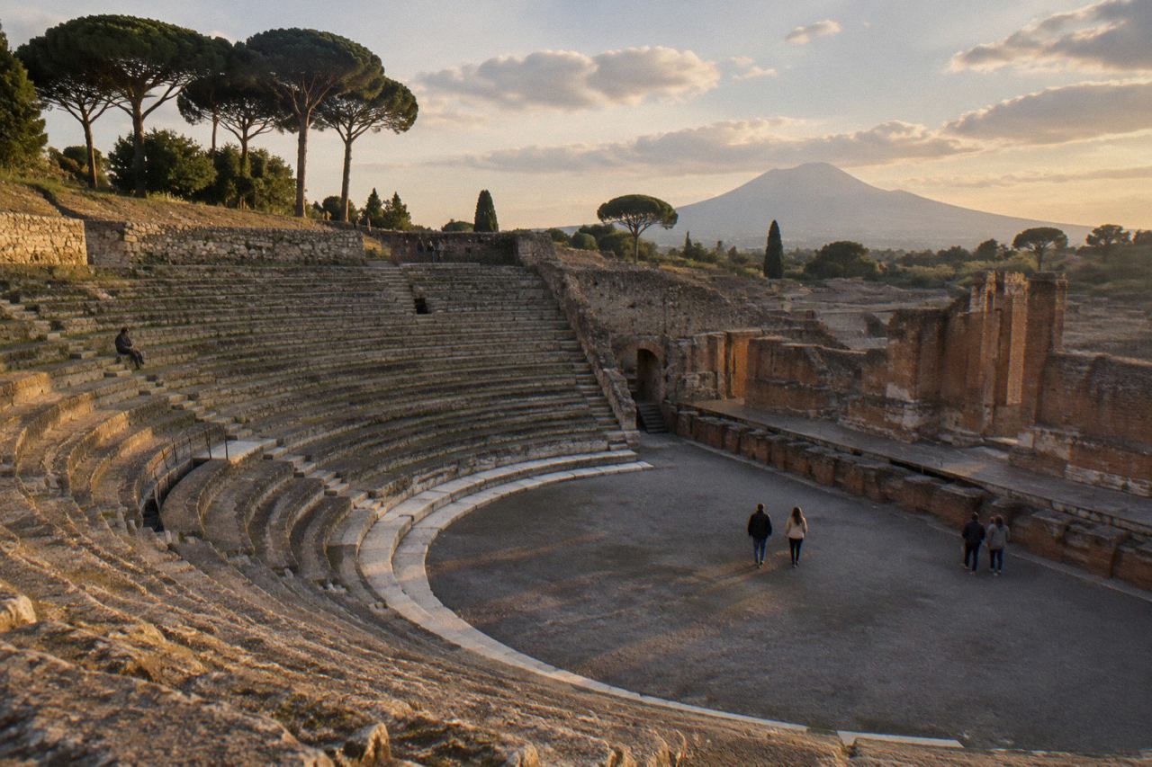 The stone-paved Street of Abundance in Pompeii with Mount Vesuvius rising behind the excavated ruins