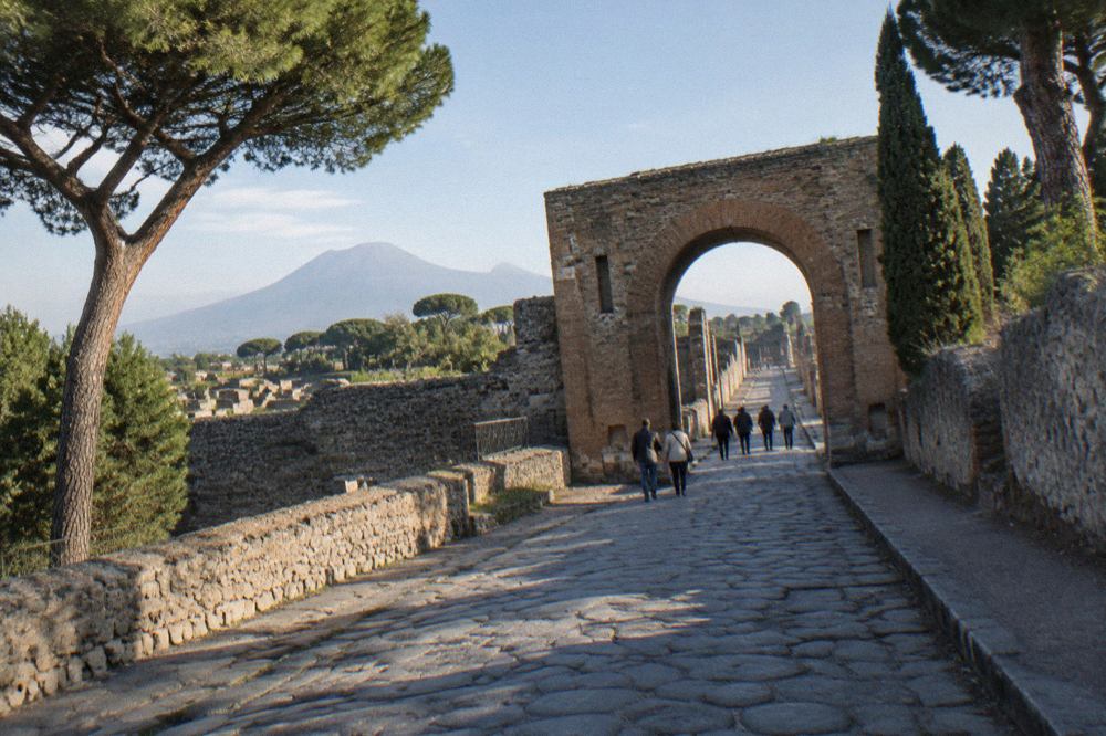 Ancient stone street in Pompeii with worn stepping stones and ruts under an open sky