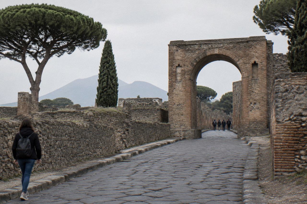 Ancient stone street in Pompeii with worn stepping stones and ruts under an open sky