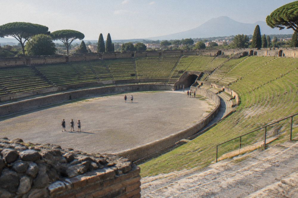 Stone-lined bathing hall of an ancient Roman bath complex at Pompeii