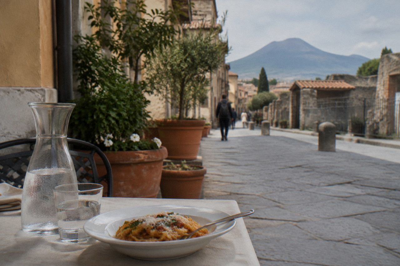 Sunlit stone street of ancient Pompeii with Vesuvius on the horizon under a clear sky