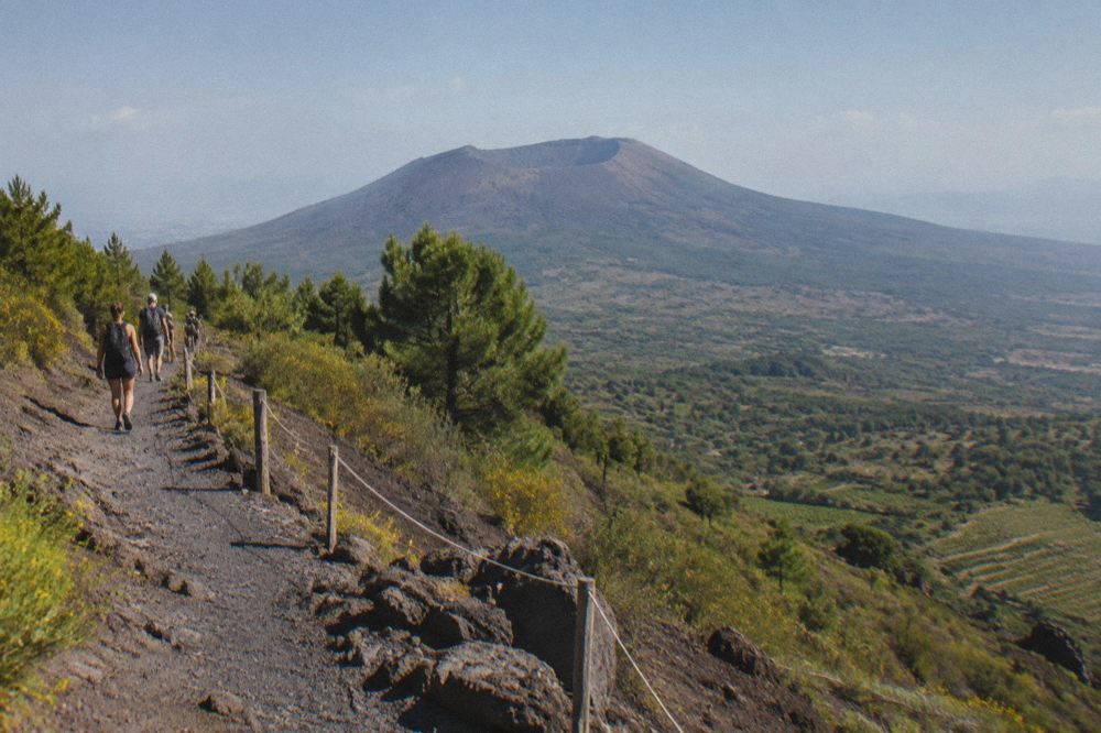 Volcano cone rising above countryside and vineyards near Pompei